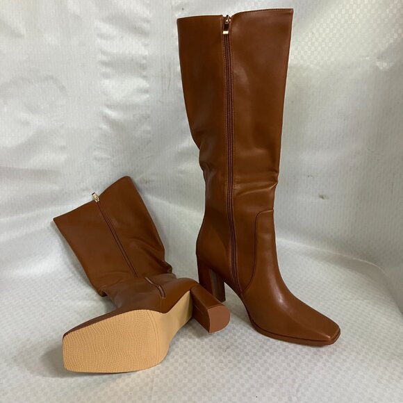 Zzheels Women's 10.5 Light Brown Boots Square Toe Chunky Side Zipper Heeled Long - Picture 11 of 11